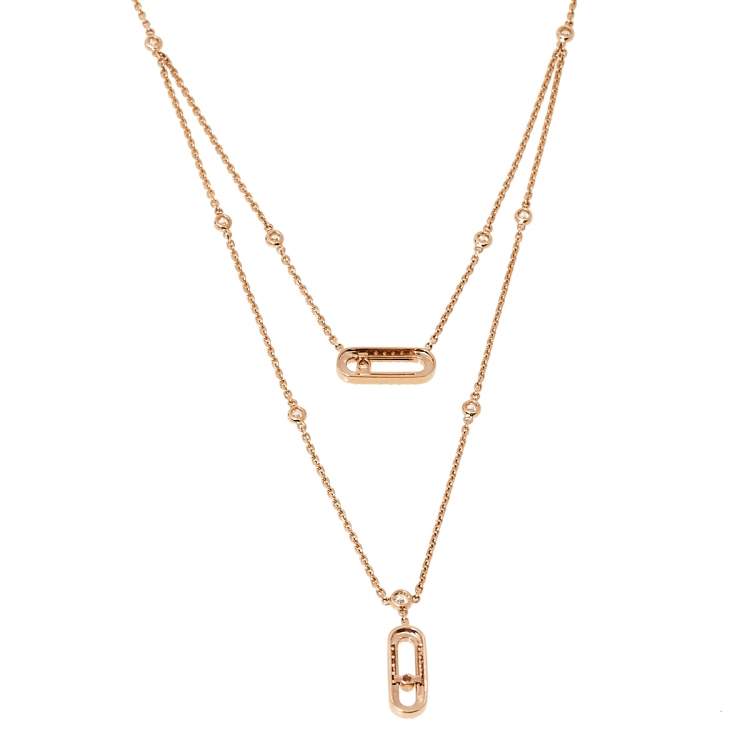 Pre Owned Messika Move Uno 2 Rows Pave Diamond 18K Rose Gold Layered Necklace