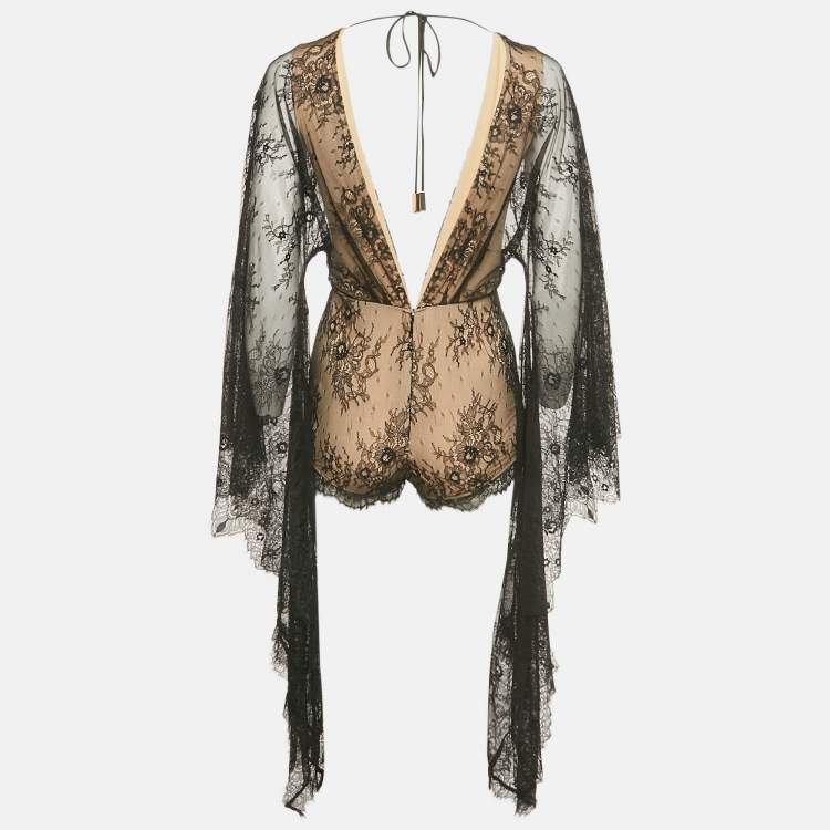 Pre Owned Michael Costello x Revolve Black Lace Flared Sleeve Bodysuit S