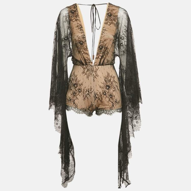 Pre Owned Michael Costello x Revolve Black Lace Flared Sleeve Bodysuit S