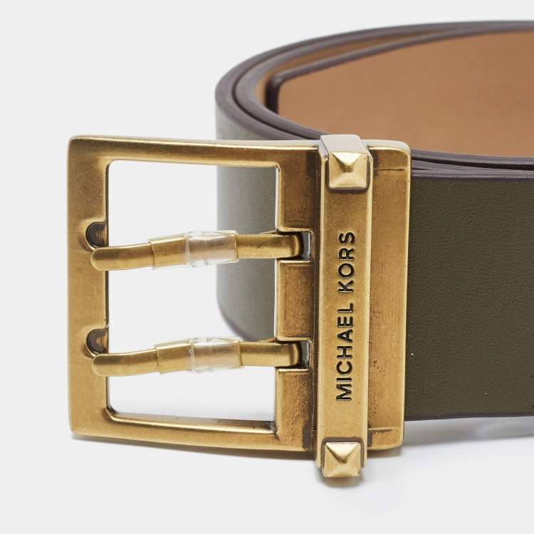 Pre Owned Michael Kors Olive Green Leather Eyelet Buckle Belt M