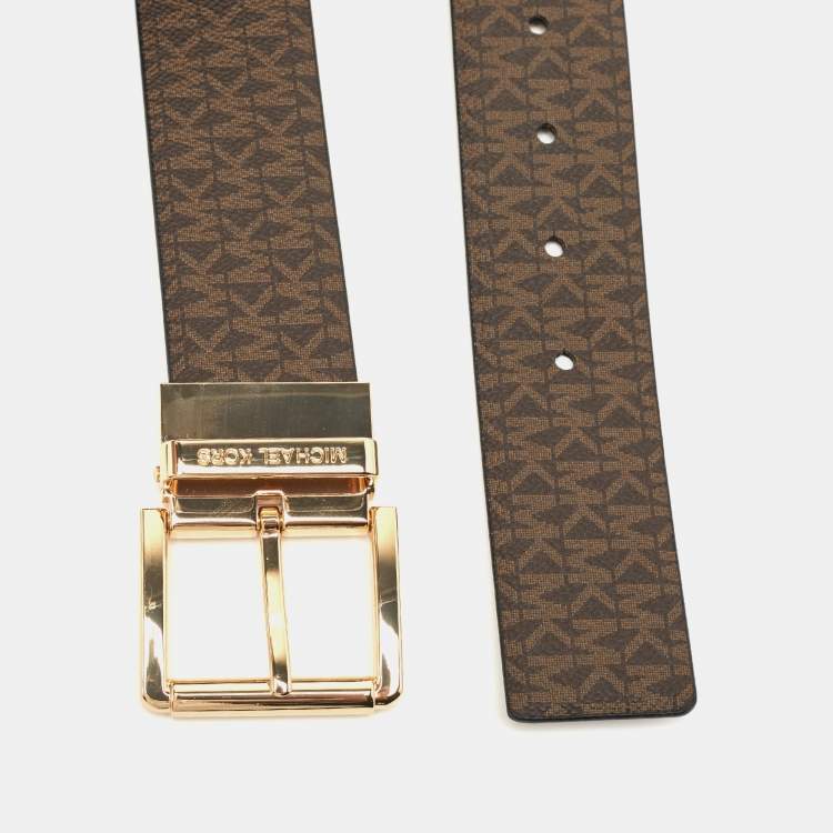 Pre Owned Michael Kors Brown Signature Coated Canvas and Leather Cut to Size Reversible Belt 
