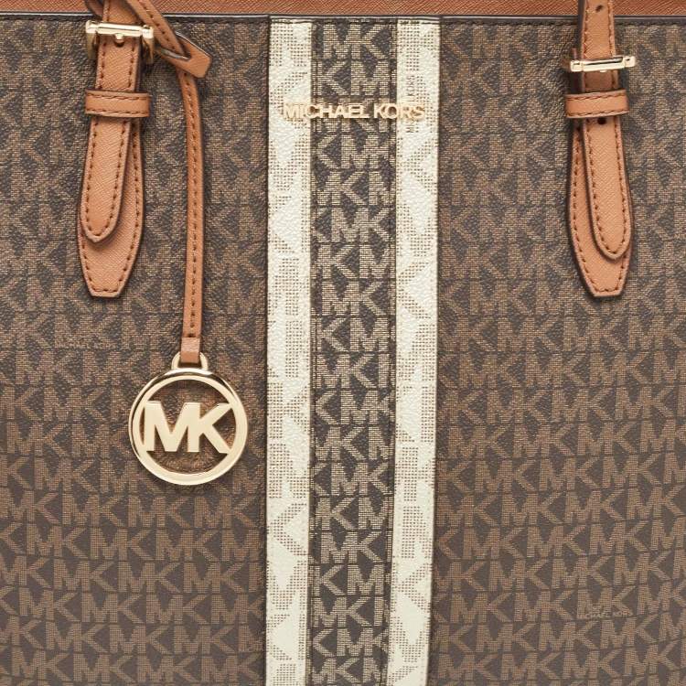 Pre Owned Michael Kors Two Tone Brown Signature Coated Canvas Large Gilly Tote