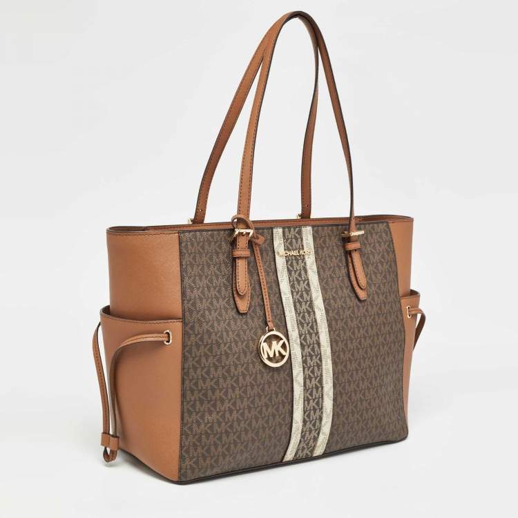 Pre Owned Michael Kors Two Tone Brown Signature Coated Canvas Large Gilly Tote
