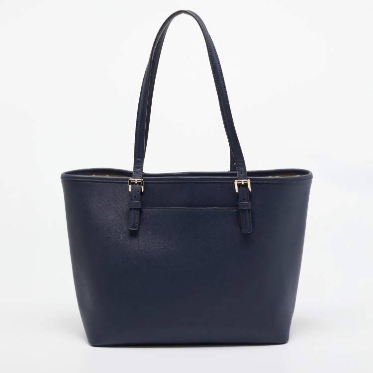 Pre Owned Michael Kors Navy Blue Leather Medium Jet Set Travel Tote