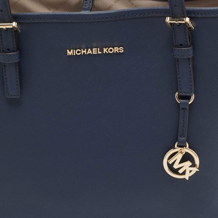 Pre Owned Michael Kors Navy Blue Leather Medium Jet Set Travel Tote