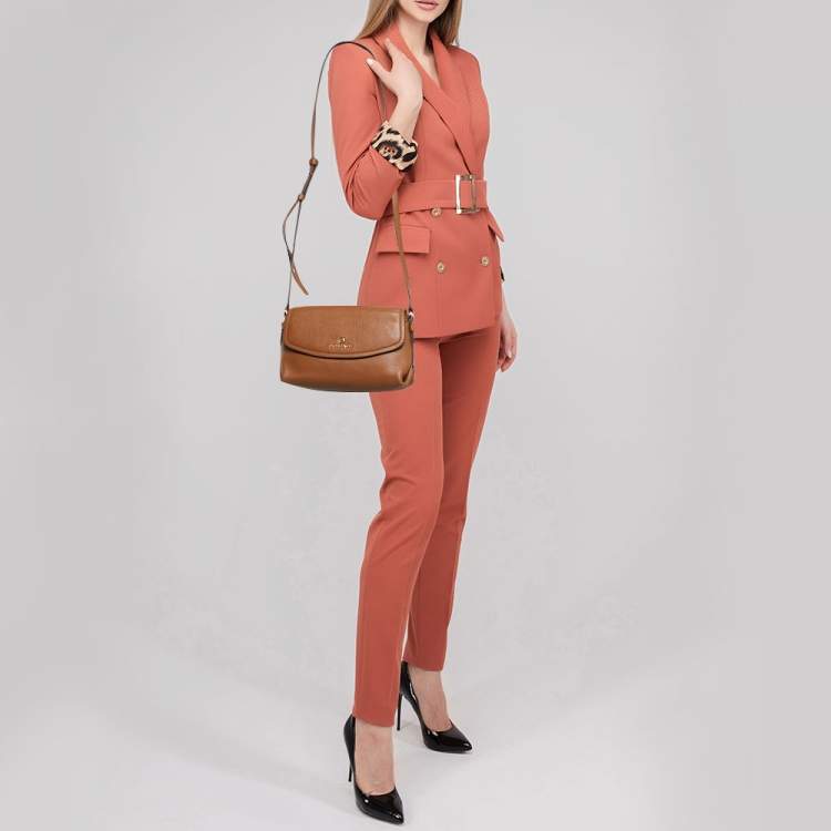 Pre Owned Michael Kors Brown Leather Brooklyn Flap Shoulder Bag