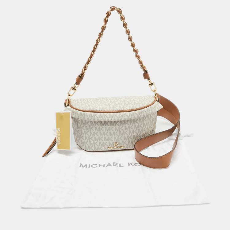 Pre Owned Michael Kors Brown/Off White Signature Coated Canvas and Leather Extra Small Slater Sling Bag