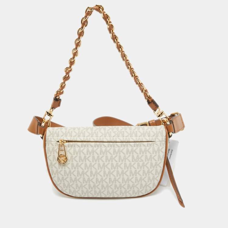 Pre Owned Michael Kors Brown/Off White Signature Coated Canvas and Leather Extra Small Slater Sling Bag