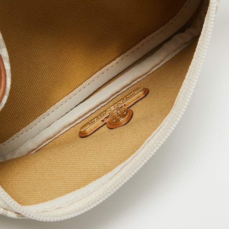 Pre Owned Michael Kors Brown/Off White Signature Coated Canvas and Leather Extra Small Slater Sling Bag