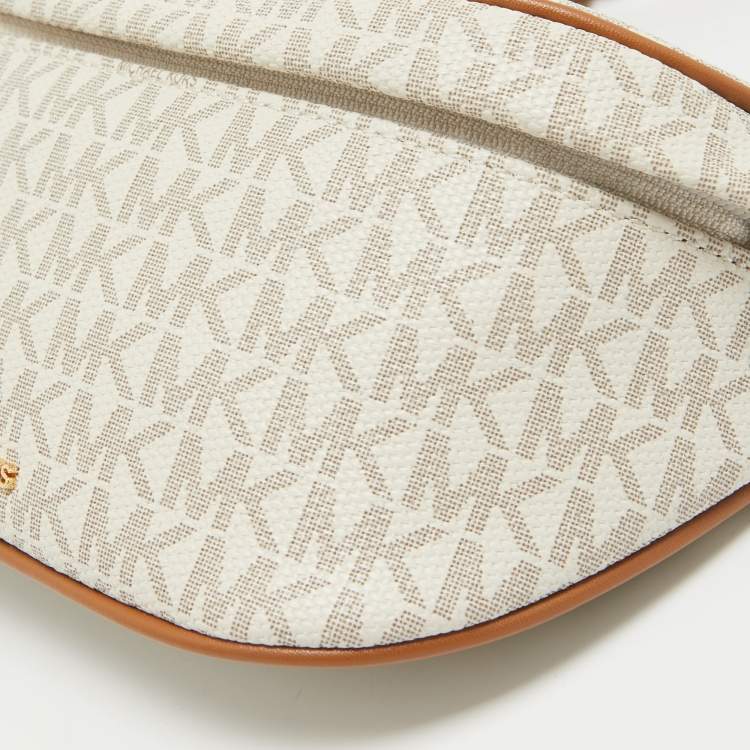 Pre Owned Michael Kors Brown/Off White Signature Coated Canvas and Leather Extra Small Slater Sling Bag