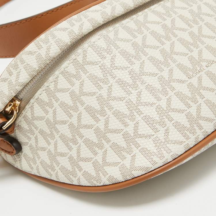 Pre Owned Michael Kors Brown/Off White Signature Coated Canvas and Leather Extra Small Slater Sling Bag
