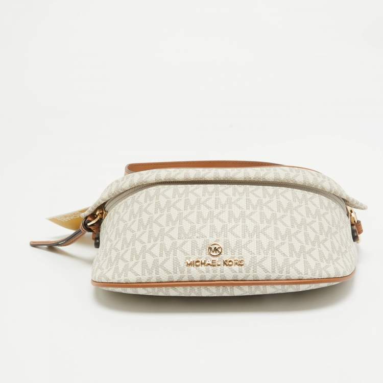 Pre Owned Michael Kors Brown/Off White Signature Coated Canvas and Leather Extra Small Slater Sling Bag