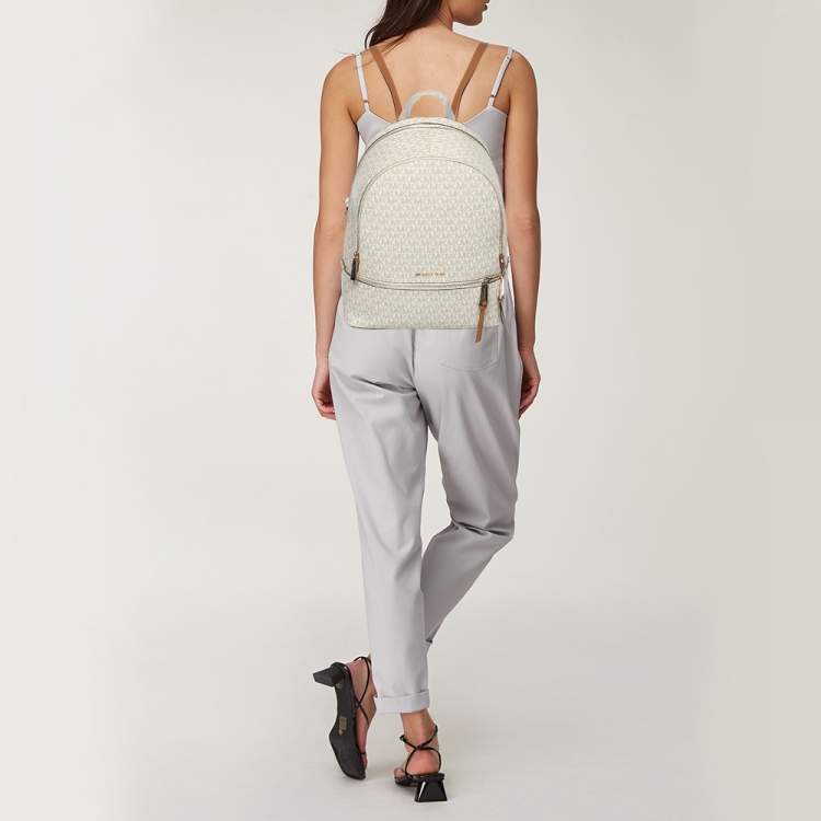 Pre Owned Michael Kors White/Brown Signature Coated Canvas and Leather Large Rhea Backpack