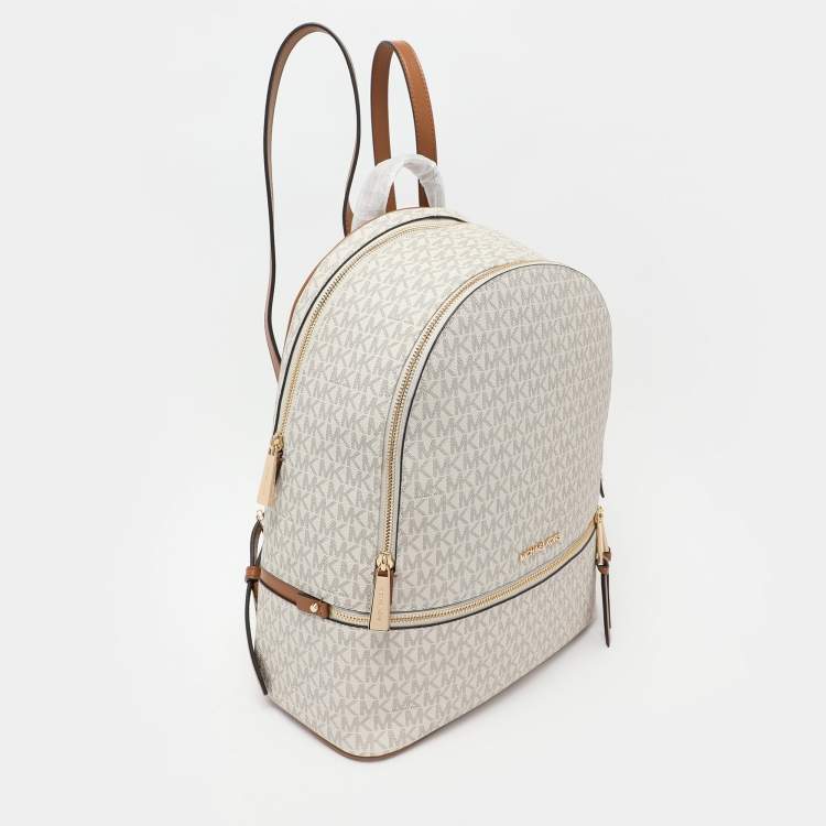 Pre Owned Michael Kors White/Brown Signature Coated Canvas and Leather Large Rhea Backpack