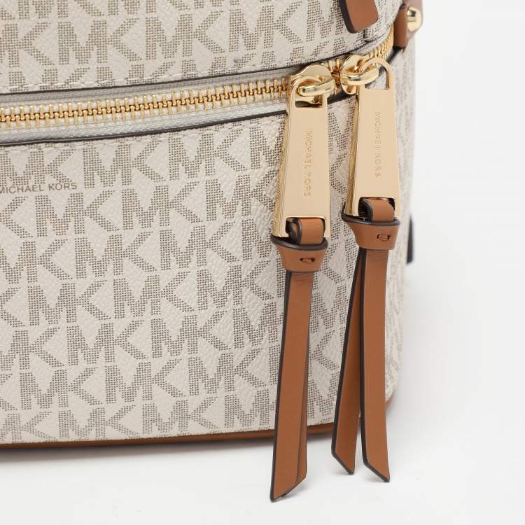 Pre Owned Michael Kors White/Brown Signature Coated Canvas and Leather Large Rhea Backpack