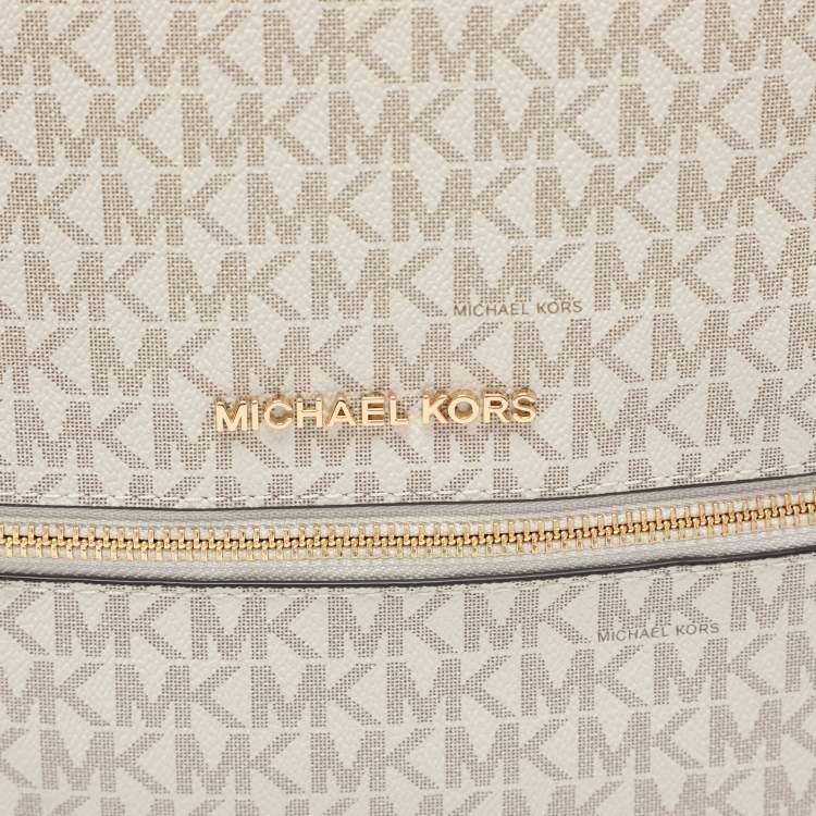 Pre Owned Michael Kors White/Brown Signature Coated Canvas and Leather Large Rhea Backpack
