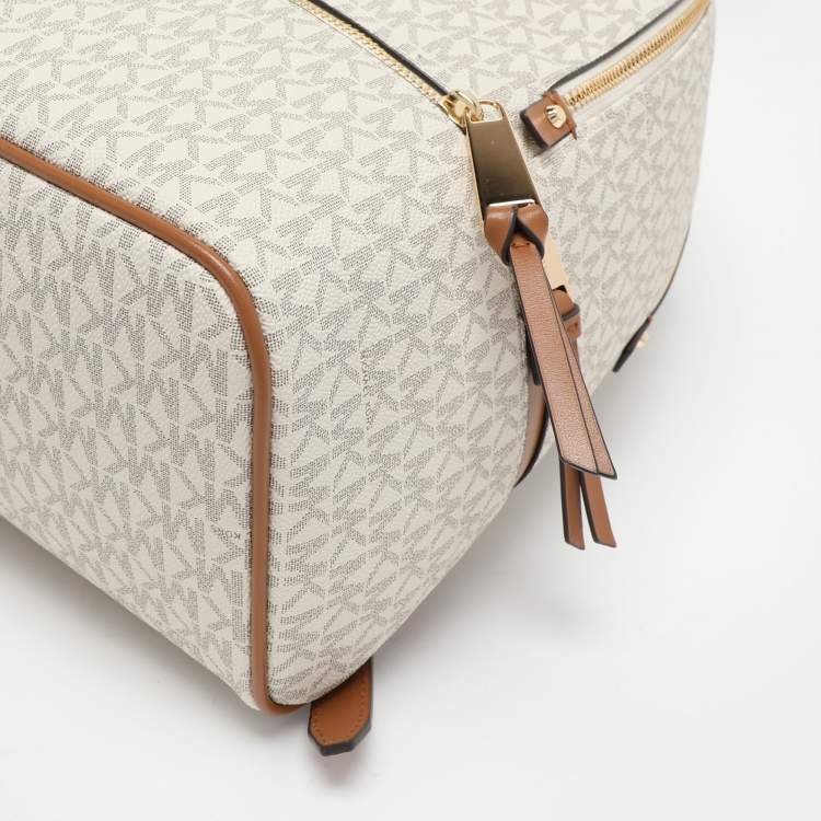 Pre Owned Michael Kors White/Brown Signature Coated Canvas and Leather Large Rhea Backpack