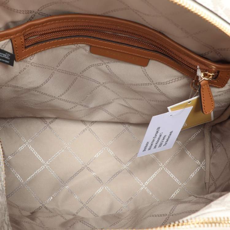 Pre Owned Michael Kors White/Brown Signature Coated Canvas and Leather Large Rhea Backpack