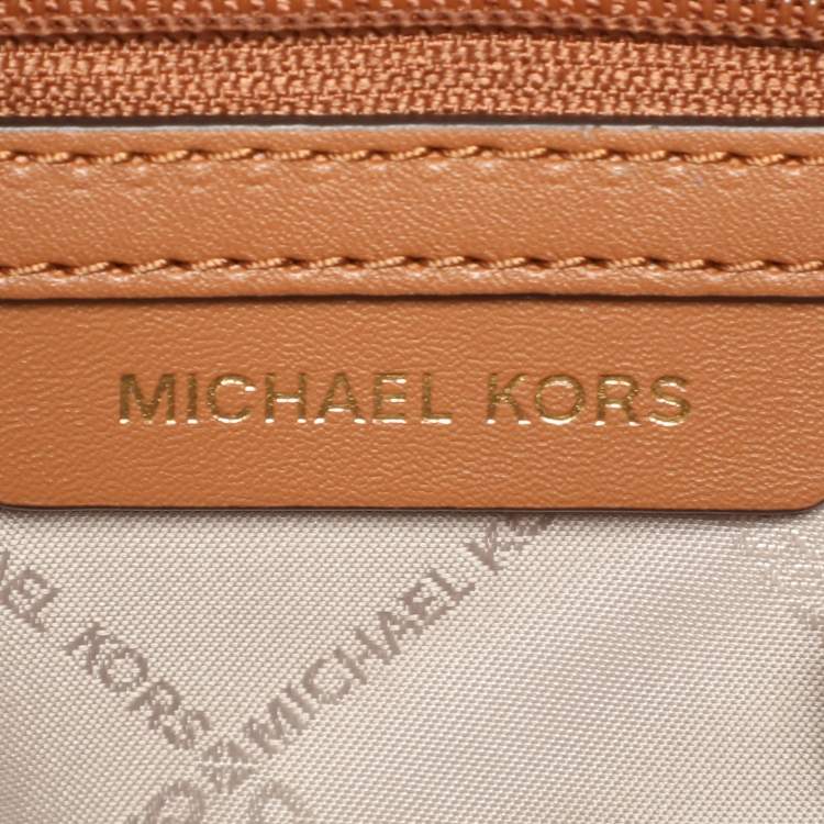 Pre Owned Michael Kors White/Brown Signature Coated Canvas and Leather Large Rhea Backpack