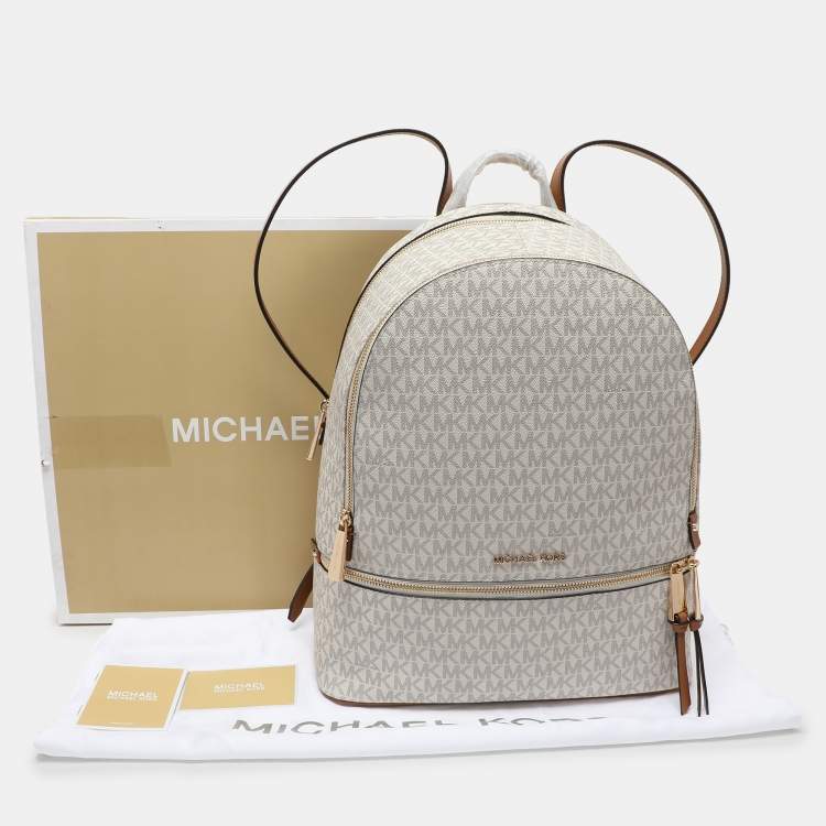 Pre Owned Michael Kors White/Brown Signature Coated Canvas and Leather Large Rhea Backpack