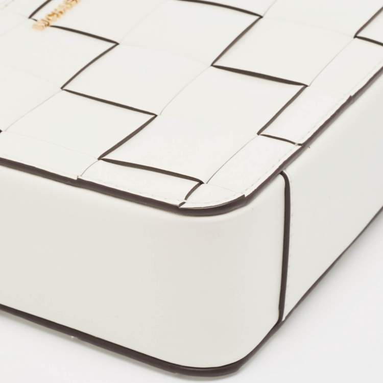 Pre Owned Michael Kors White Leather Medium Woven Jet Set Crossbody Bag