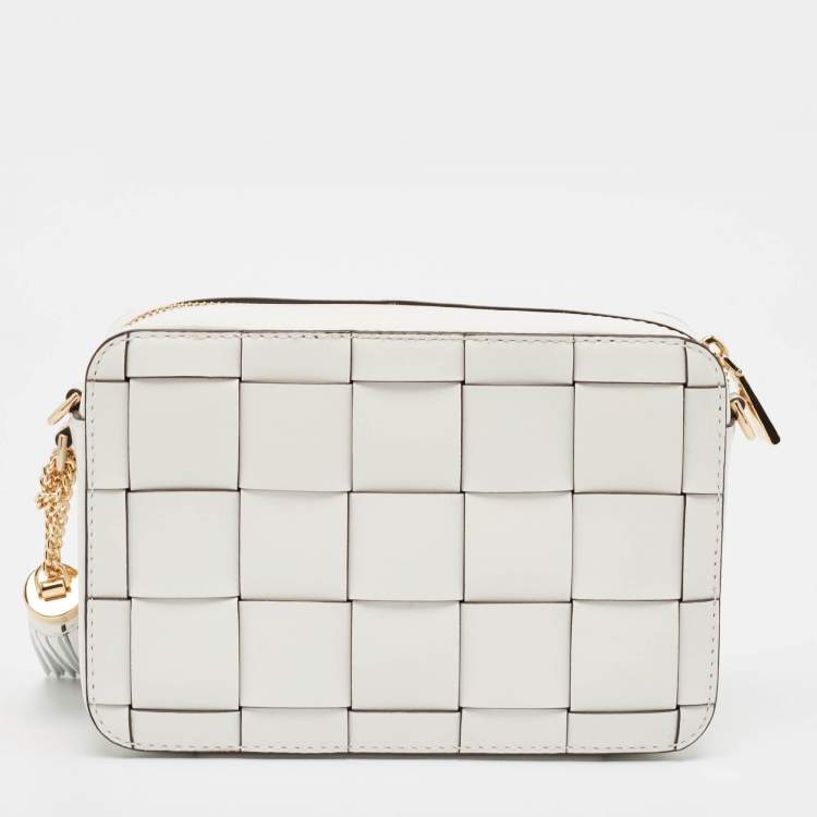 Pre Owned Michael Kors White Leather Medium Woven Jet Set Crossbody Bag