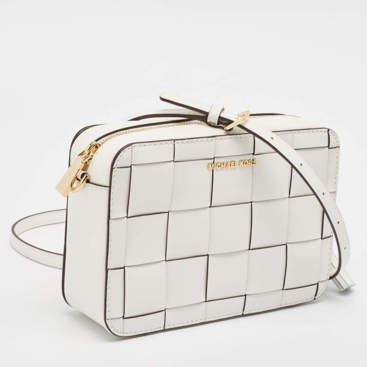 Pre Owned Michael Kors White Leather Medium Woven Jet Set Crossbody Bag