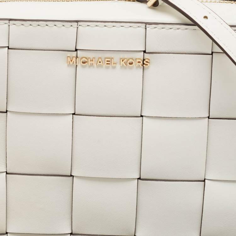 Pre Owned Michael Kors White Leather Medium Woven Jet Set Crossbody Bag
