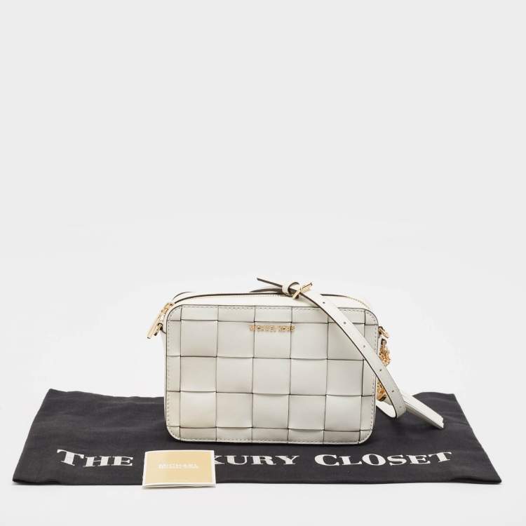 Pre Owned Michael Kors White Leather Medium Woven Jet Set Crossbody Bag