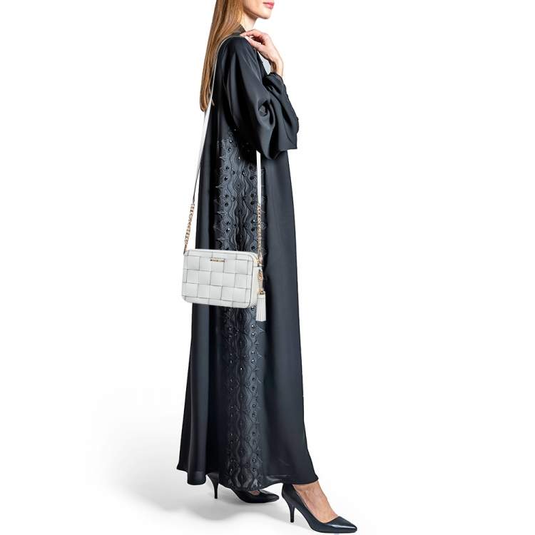 Pre Owned Michael Kors White Leather Medium Woven Jet Set Crossbody Bag