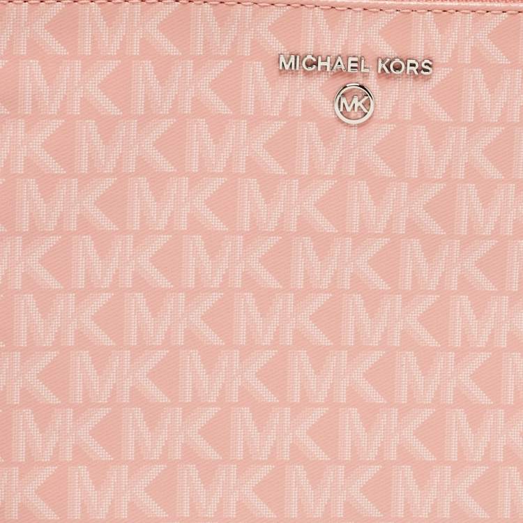 Pre Owned Michael Kors Pink Signature Coated Canvas and Leather Wristlet Pouch