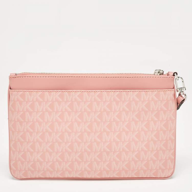 Pre Owned Michael Kors Pink Signature Coated Canvas and Leather Wristlet Pouch