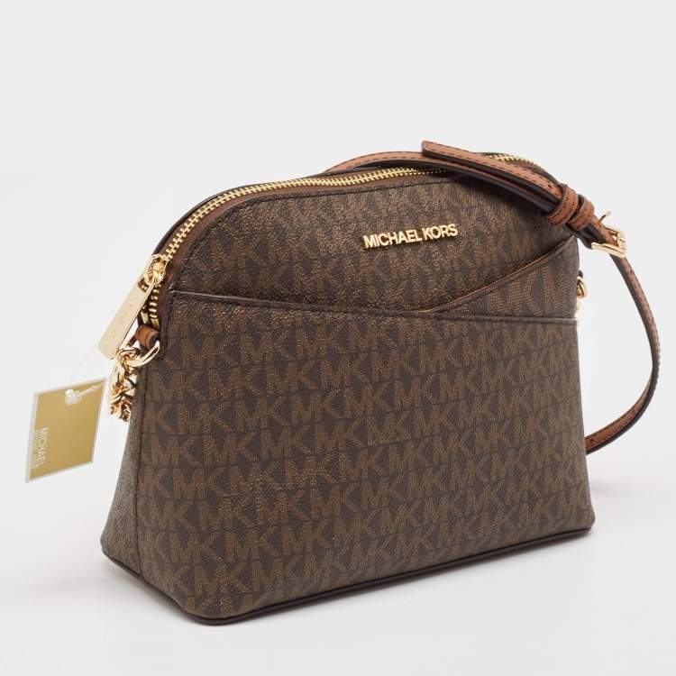 Pre Owned Michael Kors Brown Signature Coated Canvas Medium Jet Set Travel Dome Crossbody Bag