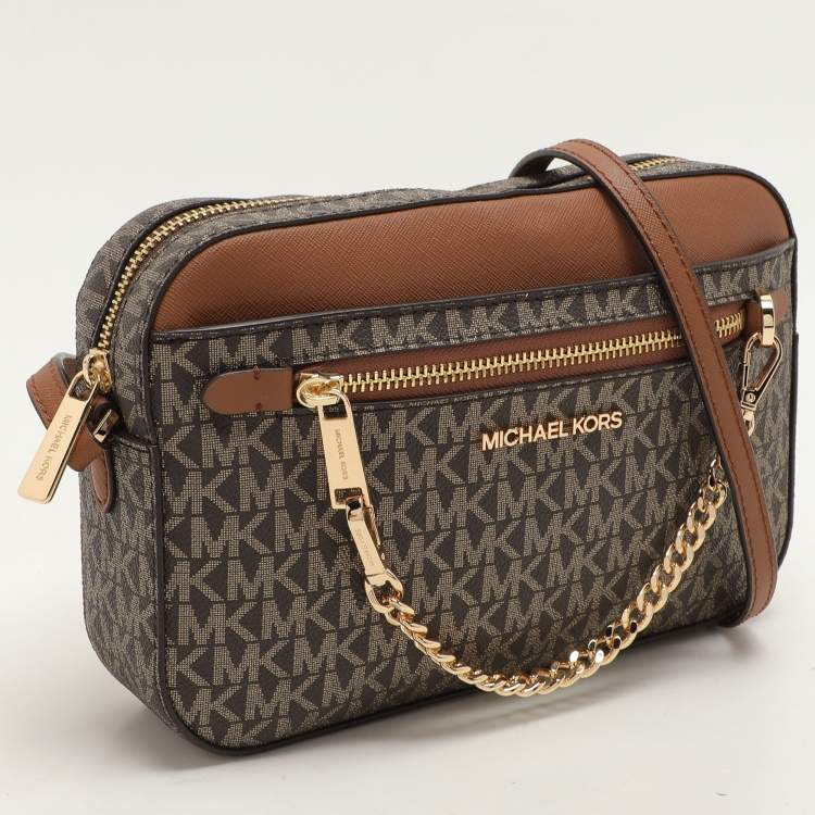 Pre Owned Michael Kors Brown Signature Coated Canvas and Leather Jet Set Crossbody Bag