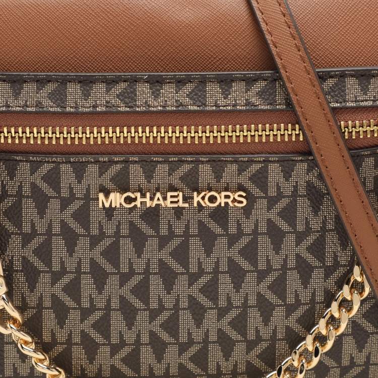 Pre Owned Michael Kors Brown Signature Coated Canvas and Leather Jet Set Crossbody Bag