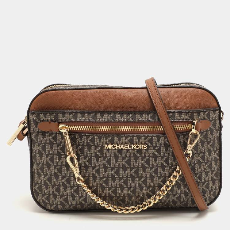Pre Owned Michael Kors Brown Signature Coated Canvas and Leather Jet Set Crossbody Bag