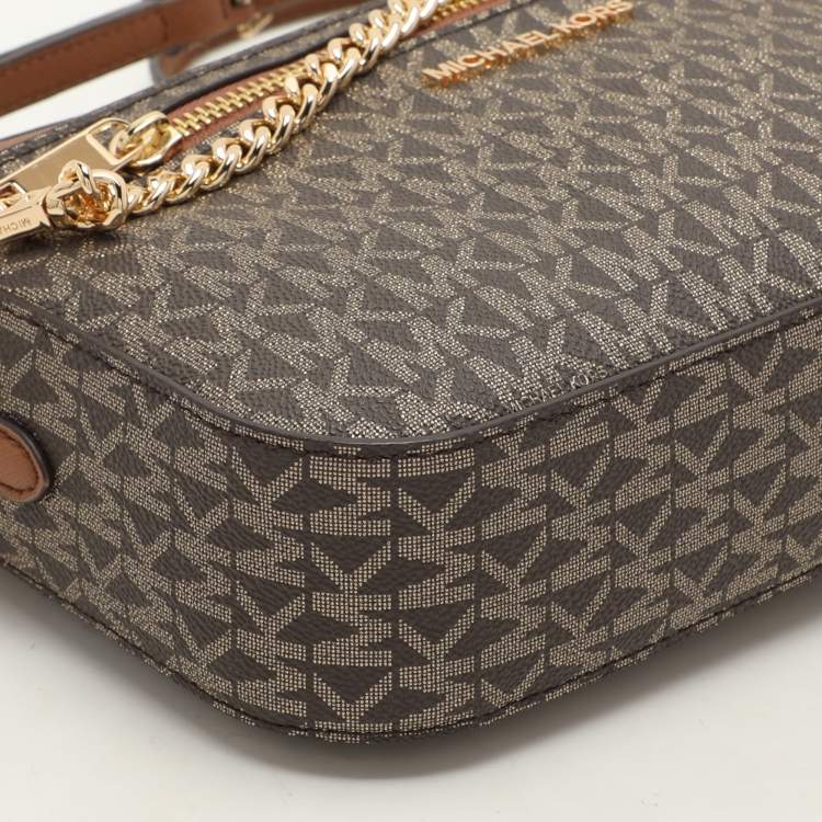 Pre Owned Michael Kors Brown Signature Coated Canvas and Leather Jet Set Crossbody Bag