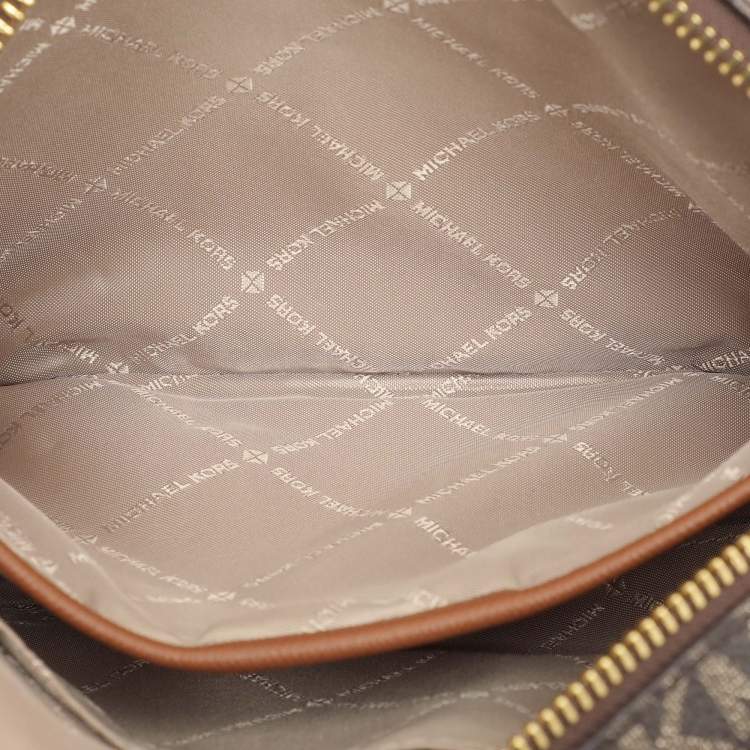 Pre Owned Michael Kors Brown Signature Coated Canvas and Leather Jet Set Crossbody Bag