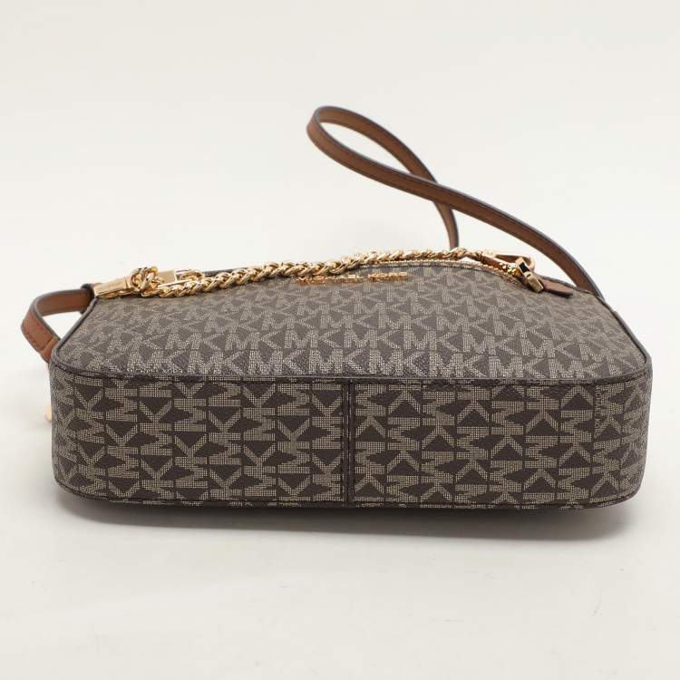 Pre Owned Michael Kors Brown Signature Coated Canvas and Leather Jet Set Crossbody Bag