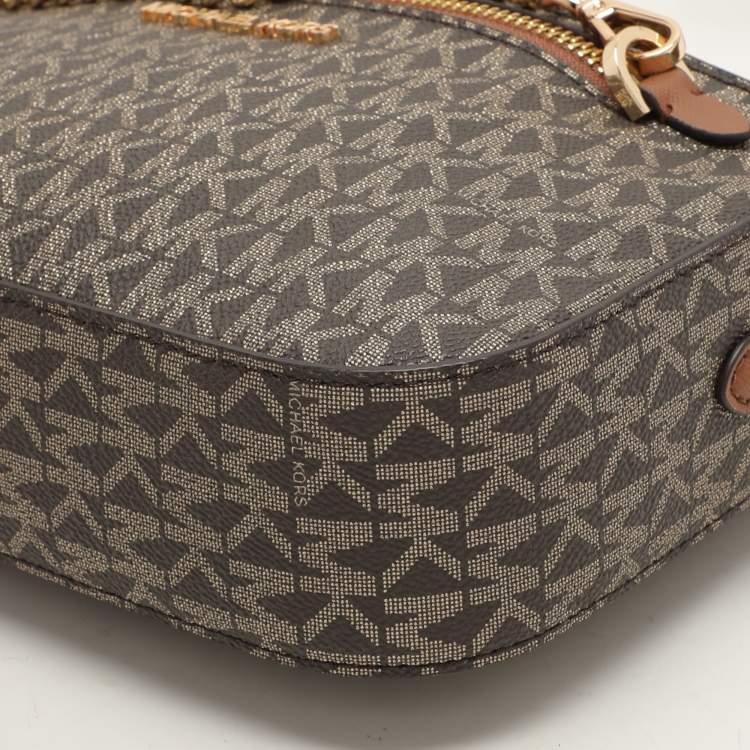 Pre Owned Michael Kors Brown Signature Coated Canvas and Leather Jet Set Crossbody Bag