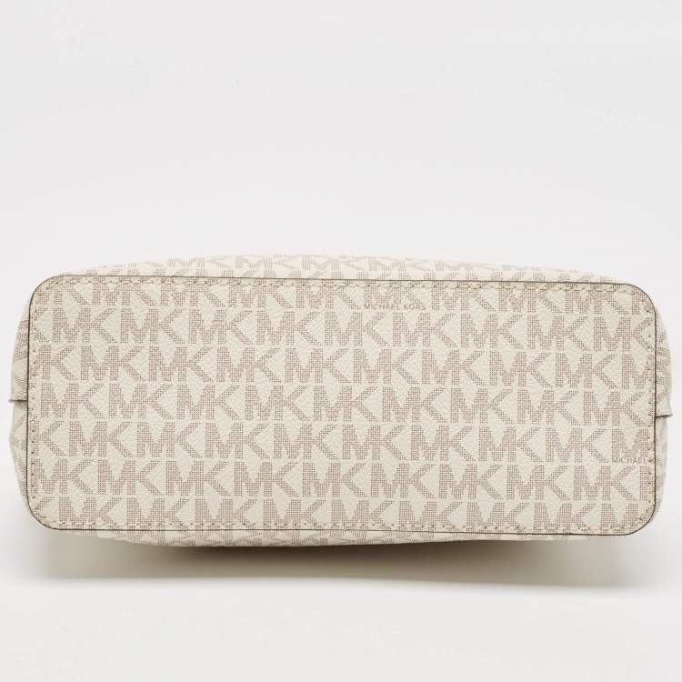 Pre Owned Michael Kors White/Brown Signature Coated Canvas and Leather Jet Set Travel Crossbody Bag