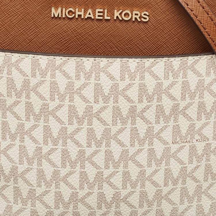 Pre Owned Michael Kors White/Brown Signature Coated Canvas and Leather Jet Set Travel Crossbody Bag