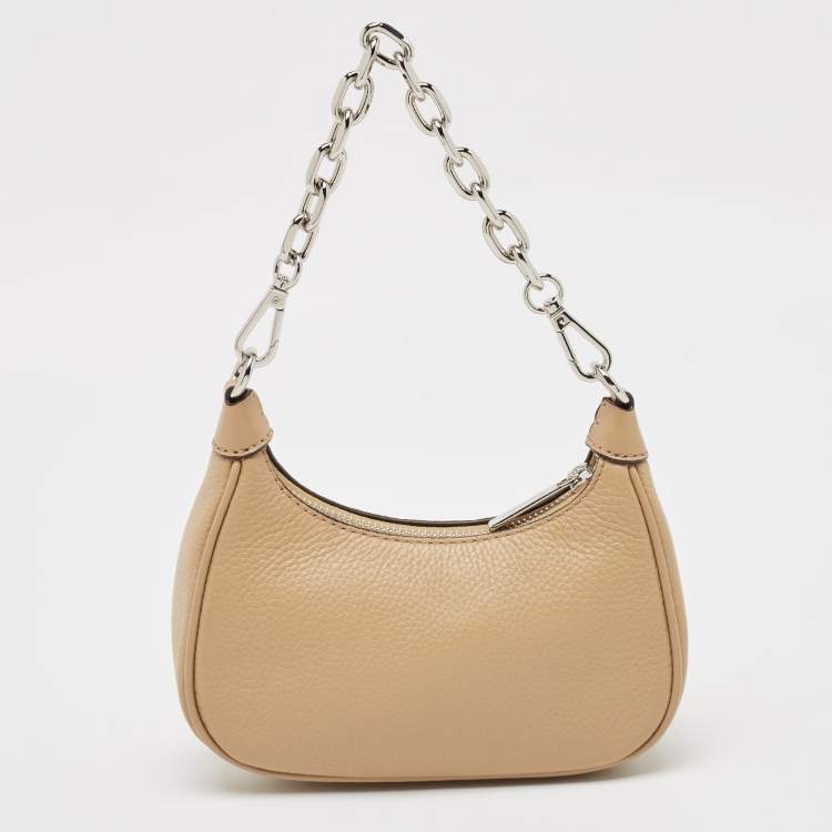 Pre Owned Michael Kors Beige Leather Mini Zip Cora Pochette Crossbody Bag