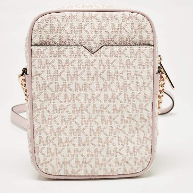 Pre Owned Michael Kors Pink/White Signature Coated Canvas Medium Jet Set Crossbody Bag
