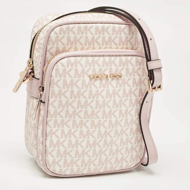Pre Owned Michael Kors Pink/White Signature Coated Canvas Medium Jet Set Crossbody Bag