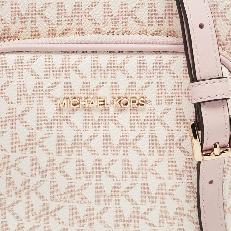 Pre Owned Michael Kors Pink/White Signature Coated Canvas Medium Jet Set Crossbody Bag