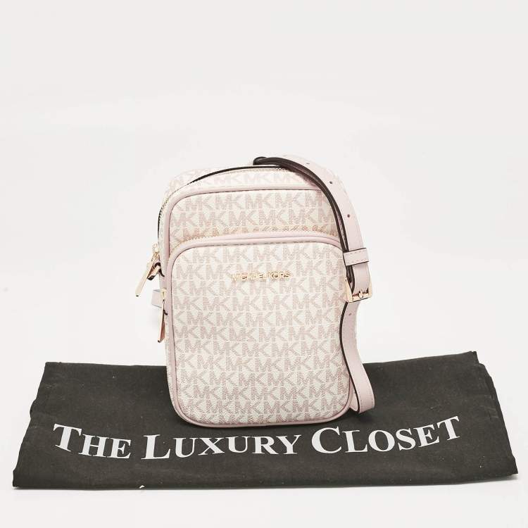 Pre Owned Michael Kors Pink/White Signature Coated Canvas Medium Jet Set Crossbody Bag