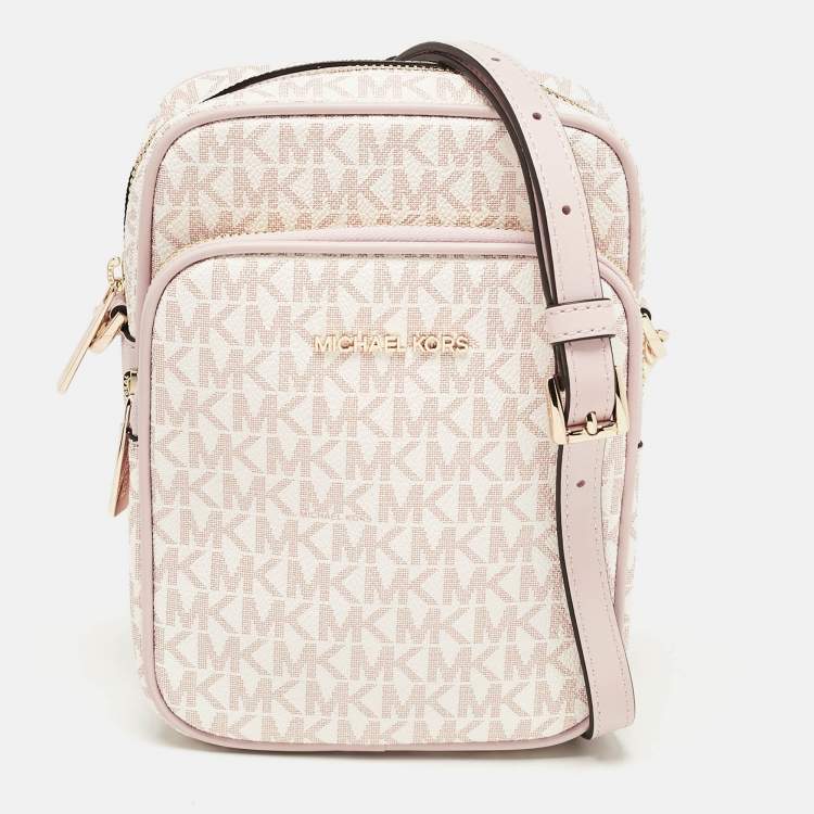 Pre Owned Michael Kors Pink/White Signature Coated Canvas Medium Jet Set Crossbody Bag