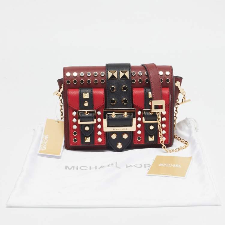 Pre Owned Michael Kors Red/Black Leather Medium Studded Hayden Shoulder Bag