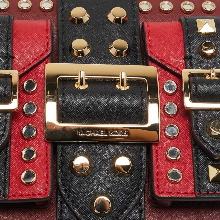 Pre Owned Michael Kors Red/Black Leather Medium Studded Hayden Shoulder Bag